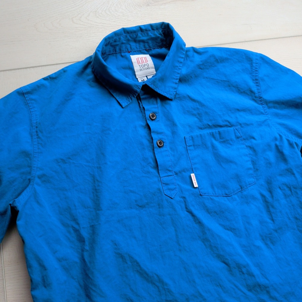 Topo Designs Mountain Popover Shirt Mens Medium Blue Short Sleeve Pocket Hiking